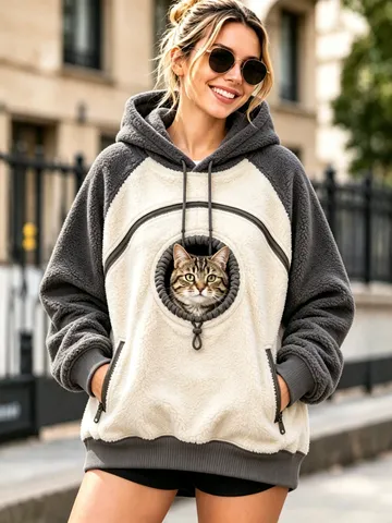 Women's Contrast Patchwork Polar Fleece Hoodie With Pet Cat Pocket Thick Warm Winter Casual Hooded Pullover Sweatshirt Top