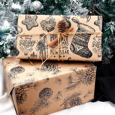 Papel de Regalo Kraft de Navidad Vintage Con Cuadrícula Trasera Rollos de Papel Marrón Ecológico para Decoración de Regalos Navideños