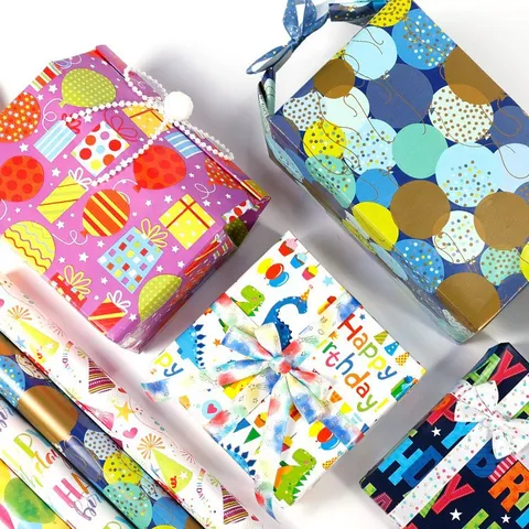 Carta da Regalo di Compleanno in Rotolo Cartoni Animati Palloncini Colorati Dinosauri Torte per Bambini Festa Confezione Regalo Forniture