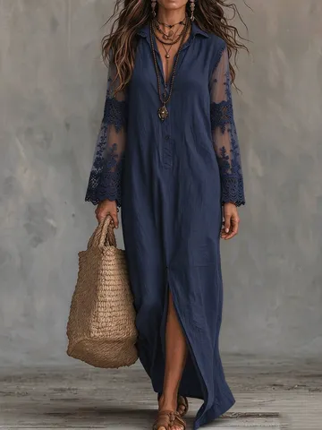 Robe Longue Élégante pour Femme Manches Longues en Dentelle Décontractée Boutonnée Patchwork Bohème Vacances Col en V Robe Longue