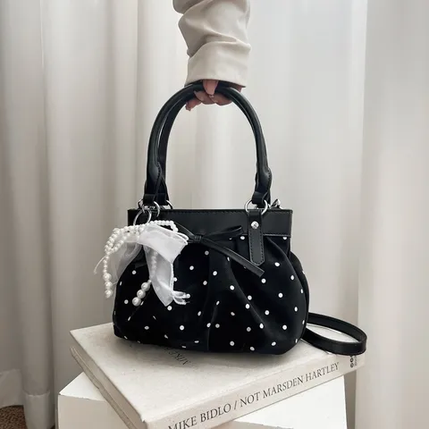 Bolso de Cubo Plisado con Lunares Estilo Coreano para Mujer Dulce Bolso de Mano de Cuero PU con Lazo y Colgante de Perlas