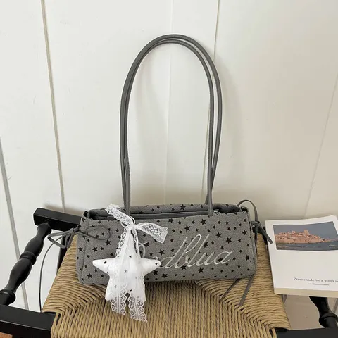 Bolso de axila bordado con letras y estrellas para mujer Minimalista coreano Tejido Bolso de hombro Bolso de mano de moda casual para diario