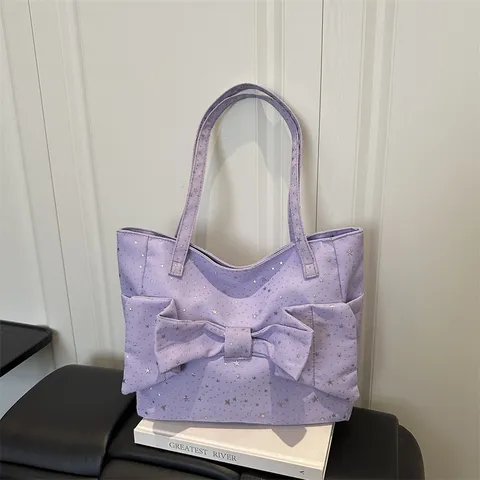 Bolso Tote Coreano Simple con Estampado de Estrellas para Mujer Gran Capacidad Lazo Bolso de Hombro Casual de Lona para Diario