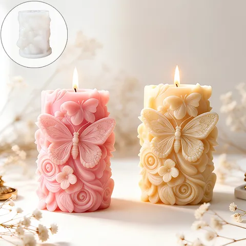 Moule en Silicone Cylindre Rose Papillon Relief 3D pour la Fabrication de Bougies Savon Résine Plâtre Décoration de Gâteaux