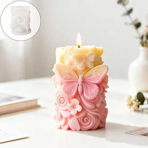 Moule en Silicone Cylindre Rose Papillon Relief 3D pour la Fabrication de Bougies Savon Résine Plâtre Décoration de Gâteaux