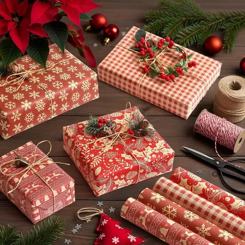 Große Weihnachts Geschenkpapierrolle Umweltfreundliches Kraftpapier Rentier Weihnachtsmann Schneeflocke Muster Für Weihnachtsgeschenkverpackung Deko