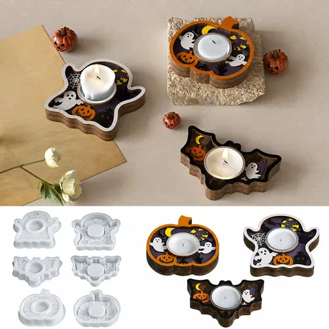 Halloween DIY Silicone Candle Holder Mold Embossed Pumpkin Ghost Bat Pattern Resin Casting Tools Home Party Decor