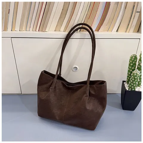 Bolso Tote de Cuero PU con Tacto de Gamuza Vintage Gran Capacidad Bolso de Axila para Mujer Estilo Maillard Bolso de Mano Retro