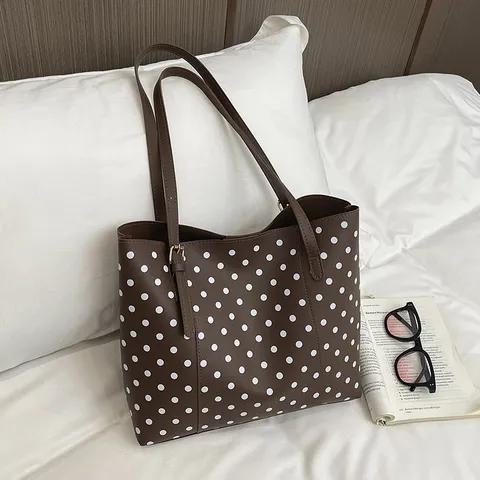 Bolso Tote Casual de Lunares Estilo Coreano Mujer Cuero PU Gran Capacidad Bolso de Hombro Versátil Bolso de Axila Ligero