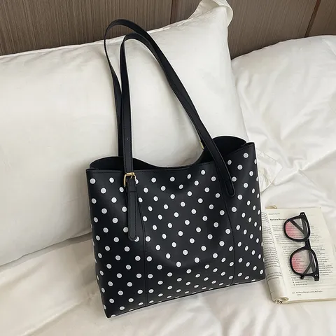 Bolso Tote Casual de Lunares Estilo Coreano Mujer Cuero PU Gran Capacidad Bolso de Hombro Versátil Bolso de Axila Ligero