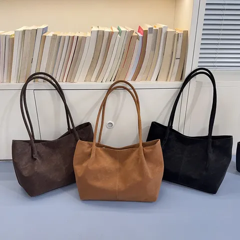 Bolso Tote de Cuero PU con Tacto de Gamuza Vintage Gran Capacidad Bolso de Axila para Mujer Estilo Maillard Bolso de Mano Retro
