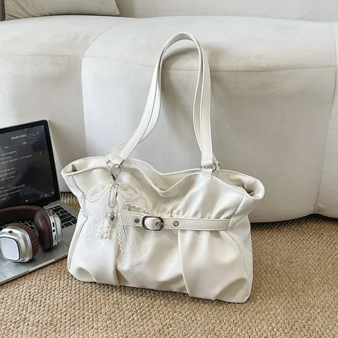 Bolso De Axila Plisado Vintage Para Mujer Gran Capacidad Bolso Tote De Poliuretano Bolso Hobo Con Colgante De Lazo Casual