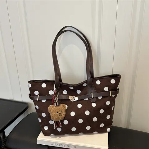 Bolso Tote Vintage de Gamuza Sintética para Mujer Gran Capacidad Estampado de Lunares Leopardo Bolso de Hombro Moda Casual Debajo del Brazo Con Colgante de Oso