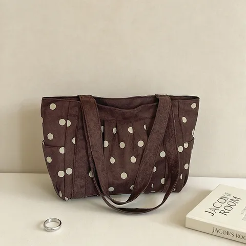 Bolso Tote de Mujer Vintage con Lunares en Gamuza Sintética Gran Capacidad Bolso de Hombro Casual Bolso de Axila Plisado Chic