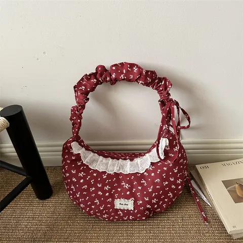 Bolso de Hombro de Tela Floral de Estilo Coreano Con Ribete de Encaje Gran Capacidad Bolso Hobo Para Mujer Diario Casual Escuela