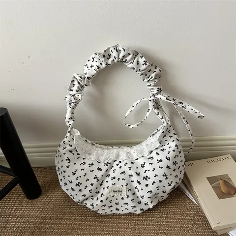 Bolso de Hombro de Tela Floral de Estilo Coreano Con Ribete de Encaje Gran Capacidad Bolso Hobo Para Mujer Diario Casual Escuela