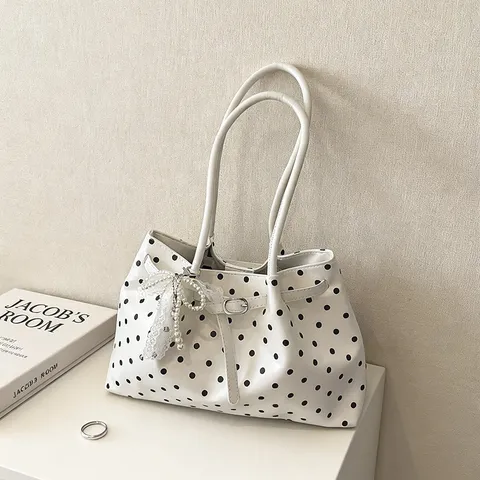 Bolso de Hombro de Diseño de Nicho Coreano con Lunares para Mujer Bolso de Mano Plisado con Lazo en Cuir PU Bolso de Axila Versátil con Perla