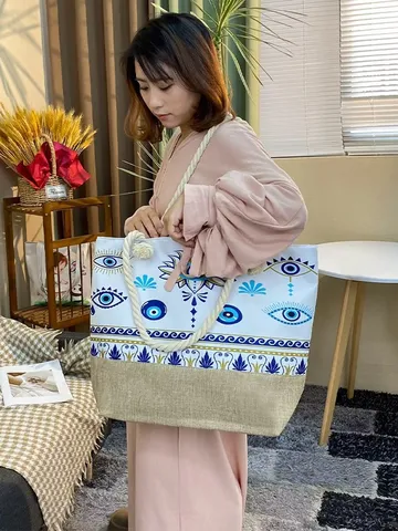 Sac Fourre-tout de Plage en Toile pour Femmes Grande Capacité Poignée en Corde Épaisse Imprimé Mauvais Œil Tortue de Mer Style Méditerranéen Sac à Bandoulière