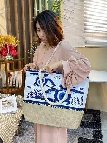 Sac Fourre-tout de Plage en Toile pour Femmes Grande Capacité Poignée en Corde Épaisse Imprimé Mauvais Œil Tortue de Mer Style Méditerranéen Sac à Bandoulière