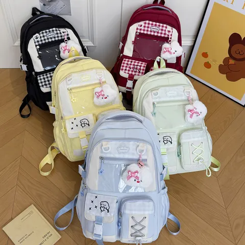 Japanese Style Cartoon Plaid Ita Bag For Girls Large Capacity Lightweight Nylon Student Backpack With Transparent PVC Window