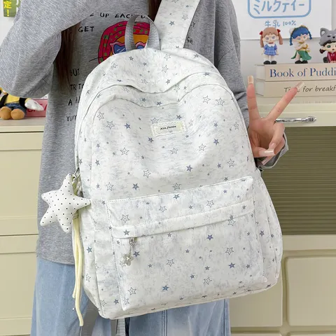 Kawaii Star Print Backpack Nylon School Bag For Girls Women Casual Travel Rucksack With Star Pendant Fits 15.6 Inch Laptop Daypack