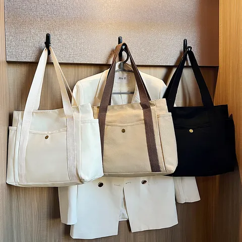 Einfache Damen Großraum Segeltuch Tote Bag Minimalistische Schultertasche Mit Vielen Taschen Für Pendler Arbeit Schule Reise