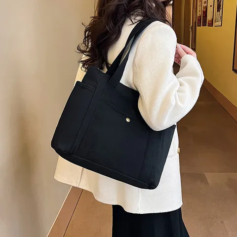 Einfache Damen Großraum Segeltuch Tote Bag Minimalistische Schultertasche Mit Vielen Taschen Für Pendler Arbeit Schule Reise