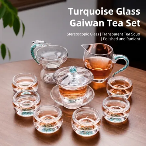 Luxury Turquoise Inlaid Borosilicate Glass Kung Fu Tea Set Transparent Heat Resistant Gaiwan Tea Strainer Fair Cup Tea Cups Set