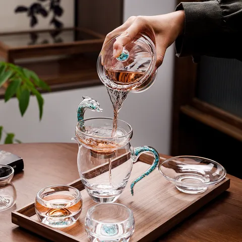 Luxury Turquoise Inlaid Borosilicate Glass Kung Fu Tea Set Transparent Heat Resistant Gaiwan Tea Strainer Fair Cup Tea Cups Set