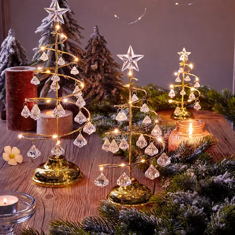 Iron Crystal Christmas Tree Desk Decor LED Night Light Gold Silver Colorful Spiral Metal Tree With Crystal Pendants Holiday Party Ornament Gift