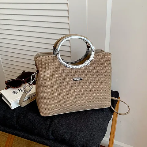 Luxury Women Bucket Bag PU Leather Herringbone Rhinestone Metal Ring Handle Fashion Large Capacity Shoulder Crossbody Bag
