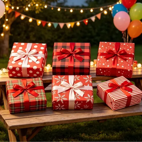 Festliche Rote Serie Kunstdruckpapier Geschenkpapier Schneeflocke Karo Stern Punktmuster Gestreiftes Design Großes Format DIY Verpackungspapier Für Weihnachten Geburtstag Valentinstag Neujahr