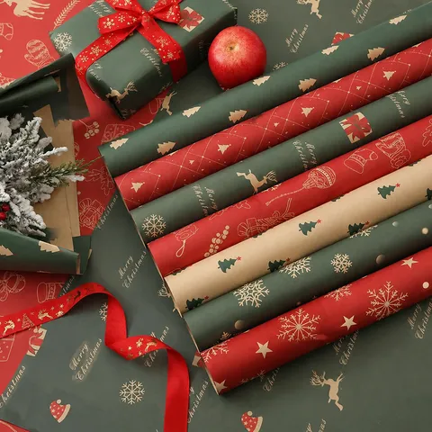 Papel de Regalo de Navidad Vintage Papel Kraft Patrones de Renos Copos de Nieve Árbol Para Decoración de Regalos