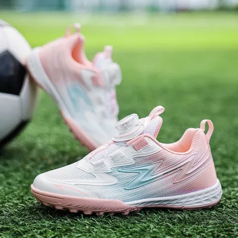 Kids Football Shoes With Rotating Buckle Quick Lace TPU Mesh Breathable Soccer Cleats For Boys Girls TF Turf Training Sneakers