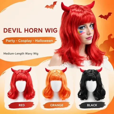 Teufelshorn Synthetische Perücke Kurzes Lockiges Haar Cosplay Party Bühne Lustige Kopfbedeckung Süß-Cooler Stil Perücke für Damen