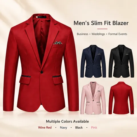 Men Slim Fit Blazer Business Wedding Party Dress Suit Jacket One Button Notch Lapel Solid Color Polyester Coat For Men