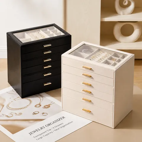 Large Leather Jewelry Box Multi-Layer Storage Case With Glass Window Organizer For Necklaces Watches Rings Bracelets Display