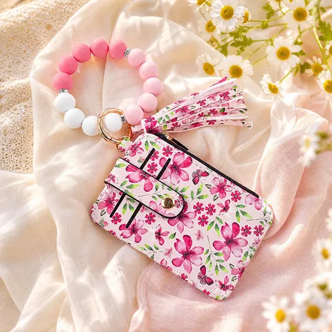 Tarjetero de Cuero PU Floral Con Pulsera de Cuentas de Silicona Llavero Borla Para Mujer Bolsillo Para Tarjeta de Crédito ID Monedero