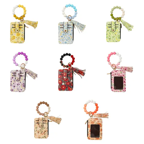 Tarjetero de Cuero PU Floral Con Pulsera de Cuentas de Silicona Llavero Borla Para Mujer Bolsillo Para Tarjeta de Crédito ID Monedero