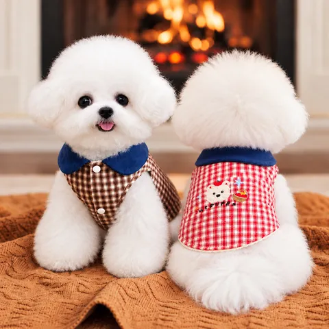 Retro Plaid Pet Vest Fleece Warm Puppy Dog Clothes Contrast Collar Winter Apparel For Small Dogs And Cats