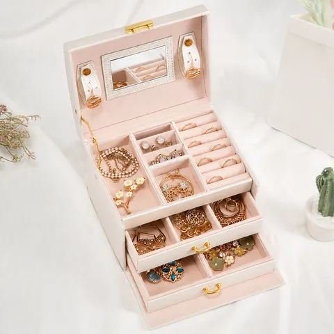 Portable 3-Layer PU Leather Jewelry Box Multi-Function Drawer Storage Case With Mirror And Handle For Jewelry Organizer
