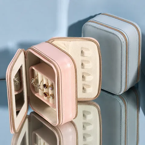Cute Style PU Leather Double Layer Jewelry Box Portable Mini Travel Jewelry Case With Mirror Storage Organizer For Rings Earrings