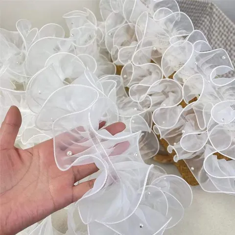 Beaded Pleated Organza Flower Packaging Gauze Artificial Pearl Mesh Lace Trim For Bouquet Gift Wrapping Wedding Party Decor