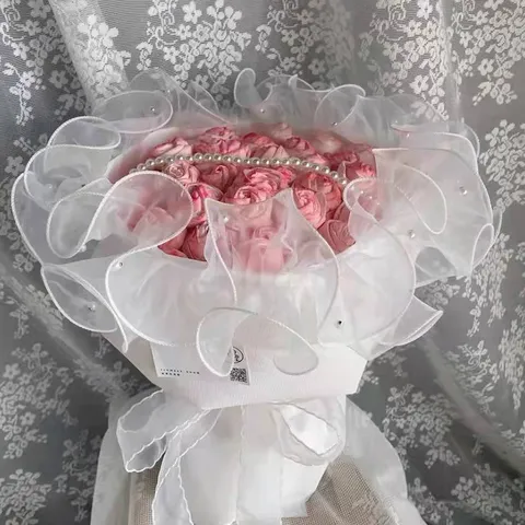 Beaded Pleated Organza Flower Packaging Gauze Artificial Pearl Mesh Lace Trim For Bouquet Gift Wrapping Wedding Party Decor