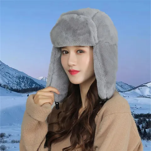 Winter Faux Fur Ushanka Trapper Hat For Men Women Solid Color Thickened Warm Ear Flap Hat Outdoor Riding Skiing Plush Cap
