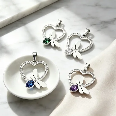 Stainless Steel Hollow Heart Dragonfly Pendant For Women Inlaid Rhinestone Colorful Gemstone Jewelry Accessory Pendant Only Without Chain