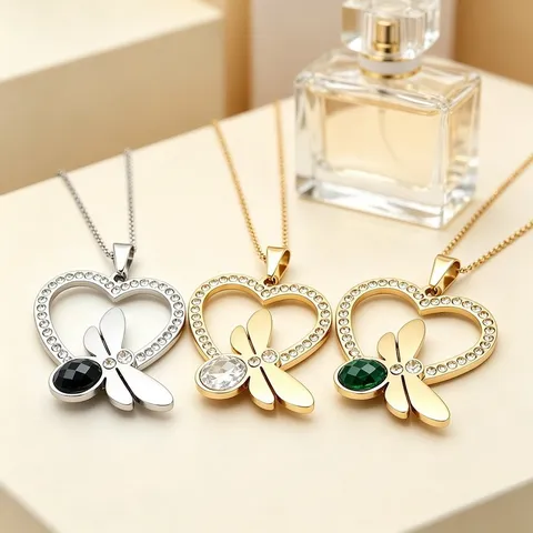 Stainless Steel Hollow Heart Dragonfly Pendant For Women Inlaid Rhinestone Colorful Gemstone Jewelry Accessory Pendant Only Without Chain