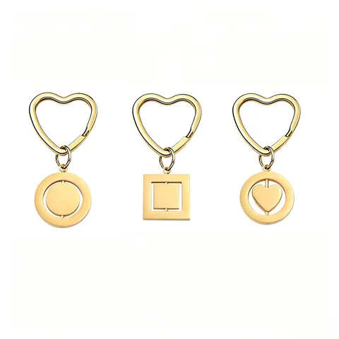 Llavero de Corazón Giratorio de Acero Inoxidable Pulido de Espejo Chapado en Oro 18K Colgante Redondo Cuadrado Corazón Accesorio
