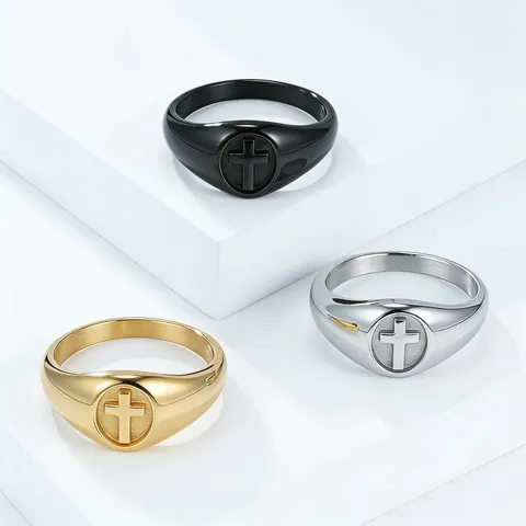 Vintage Stainless Steel Cross Signet Ring For Men Women Neutral Simple Polished Cross Religious Finger Ring Fashion Jewelry Gift