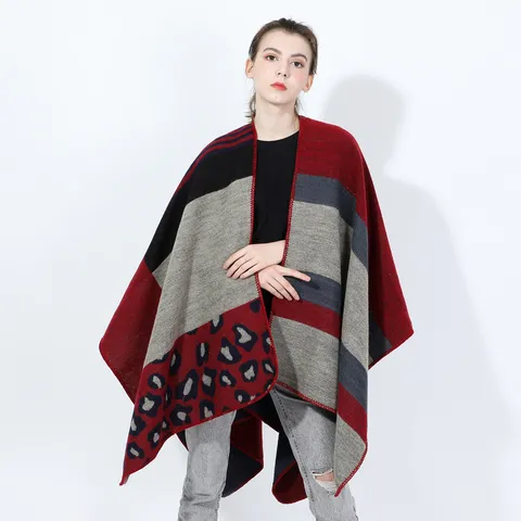 Chal Poncho de Moda para Mujer con Patchwork de Leopardo en Jacquard Elegante Capa de Invierno Cálida de Imitación Cachemira para Damas
